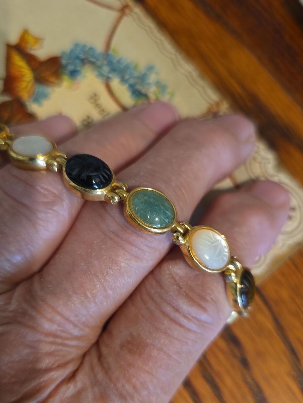 Gold-Tone Multi-Stone Link Bracelet - Green, Black & White,orange And Brown